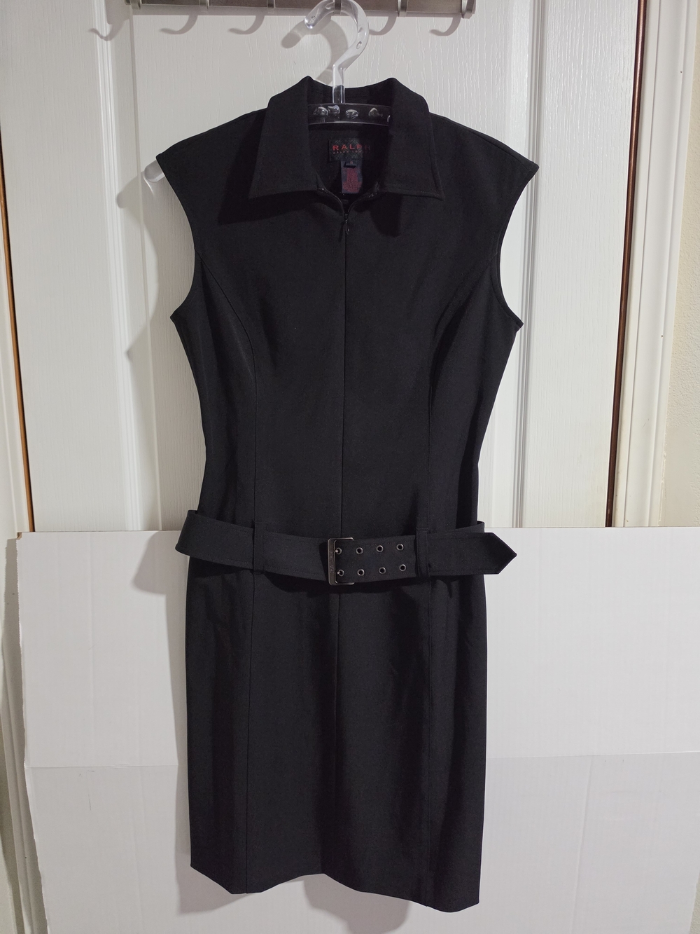 Ralph Lauren Sleeveless Zip-Front Belted Sheath Dress Black Size 8 Vintage